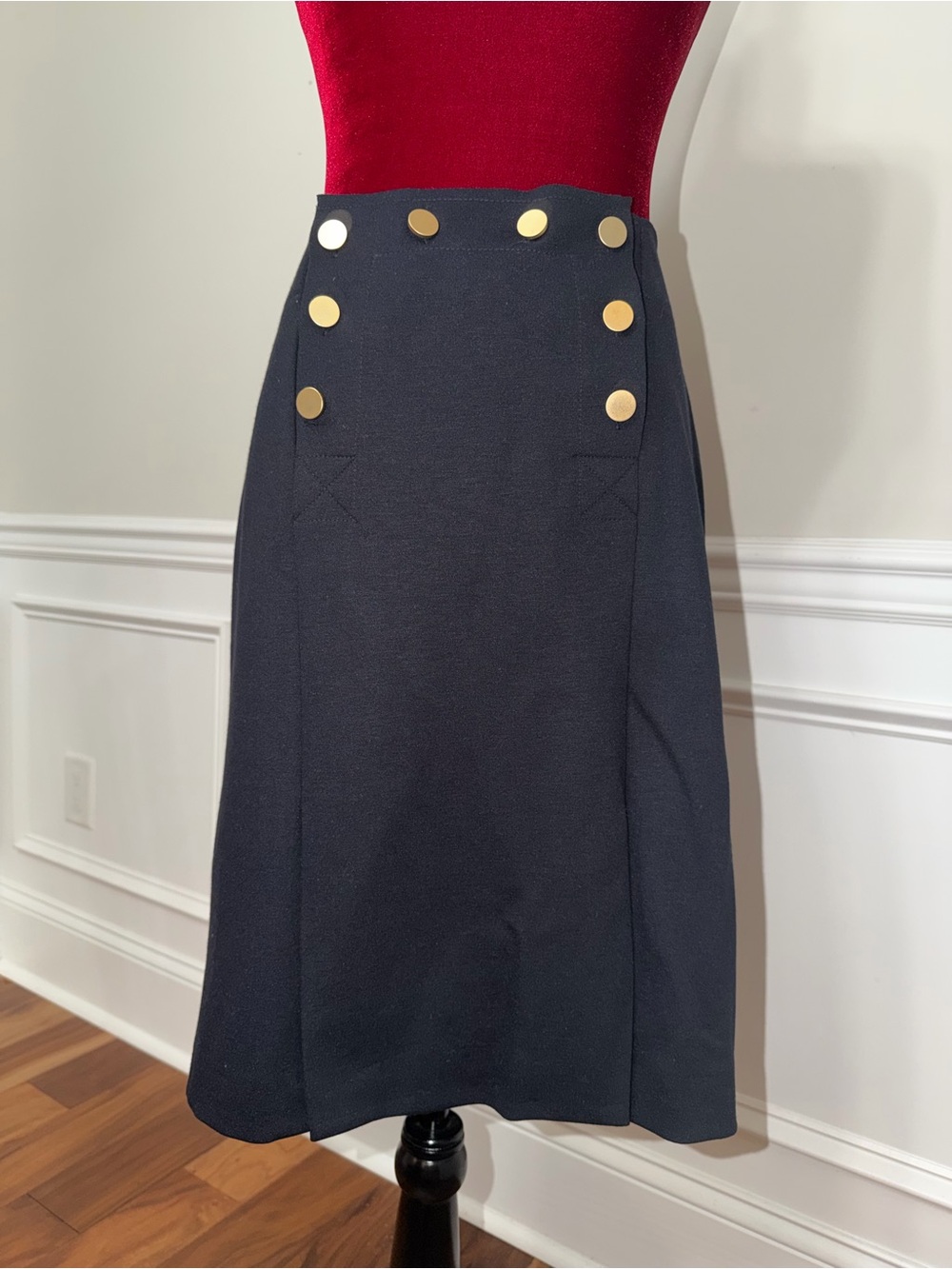 Classic Navy A-Line‎ Skirt with Gold Buttons